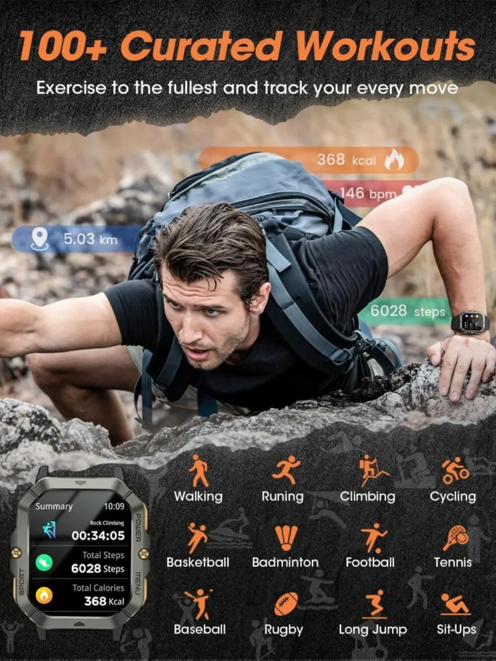 Waterproof Fitness Smart Watch for Men - Calls, Heart Rate, Blood Pressure, 100